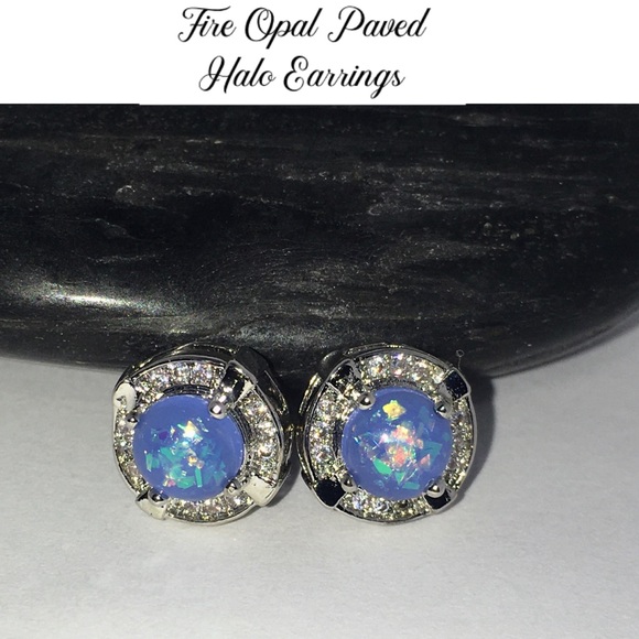 Elegant Fire Opal Micro Paved Halo Stud Earrings - Picture 5 of 11